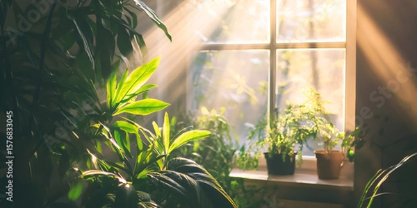 Fototapeta Indoor Houseplants Glowing in Morning Sunlight by Window