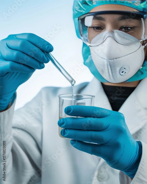 Obraz Scientist protective gear conducting laboratory experiment with liquid beaker and pipette wearing mask goggles gloves and cap focused testing or research modern scientific environment health