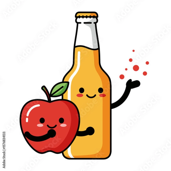 Fototapeta Cute apple character with cider bottle showing playful expression  