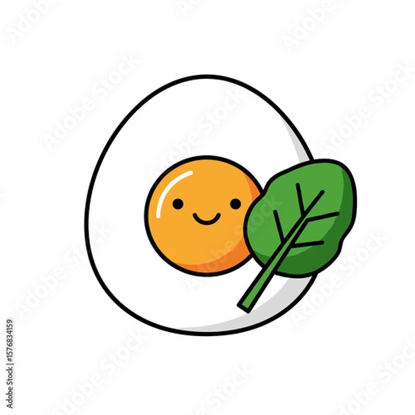 Fototapeta Cute egg character with smiling yolk and spinach leaf