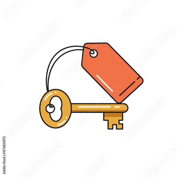 Fototapeta Gold key with tag illustration in simple and modern style  