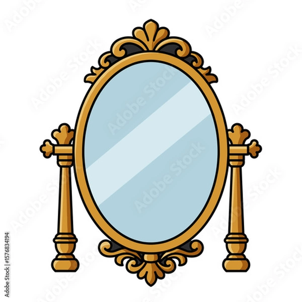 Fototapeta Ornate golden mirror with decorative frame and reflective glass  