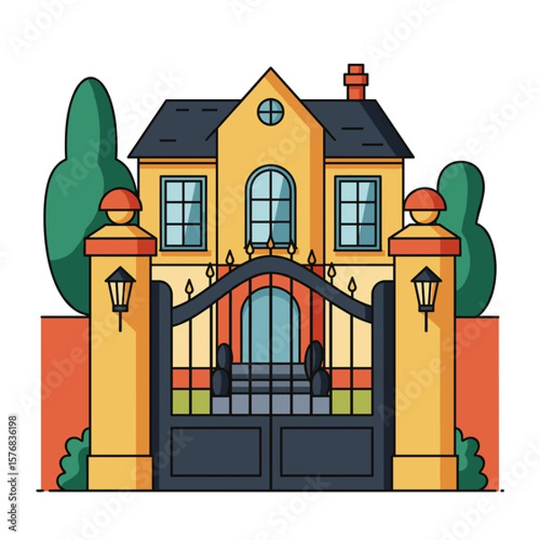 Fototapeta Yellow mansion with gate and garden in a modern style  