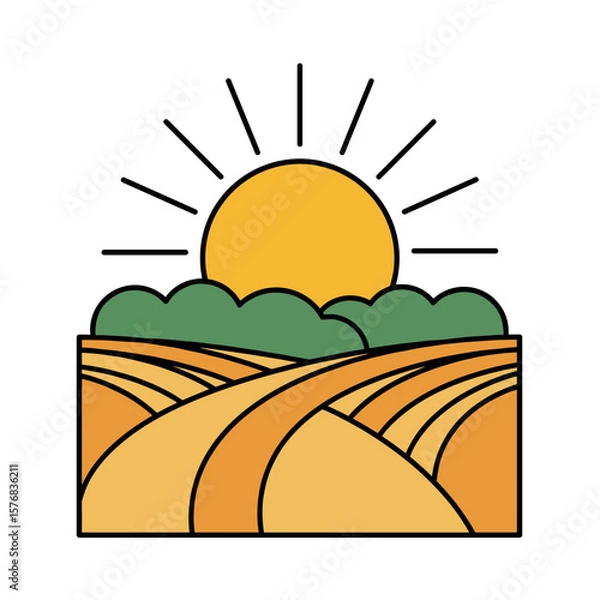 Fototapeta Sunrise over rolling fields with green bushes and warm colors  