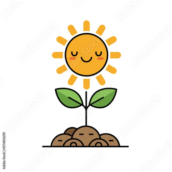 Fototapeta Happy sun shining over sprouting plant with soil below  