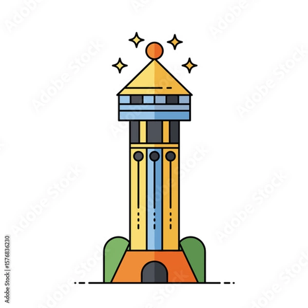 Fototapeta Colorful tower with shining top and stylized landscape elements  