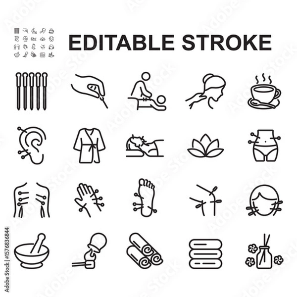 Fototapeta Acupuncture icon set. Thin line style vectors. Contains icons for traditional medicine, needles, cupping, and more.