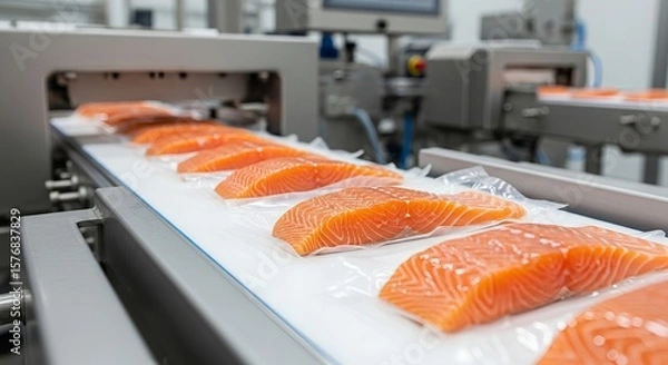 Fototapeta Salmon Fillet Processing Line:  Modern Food Production and Packaging in a Clean Facility