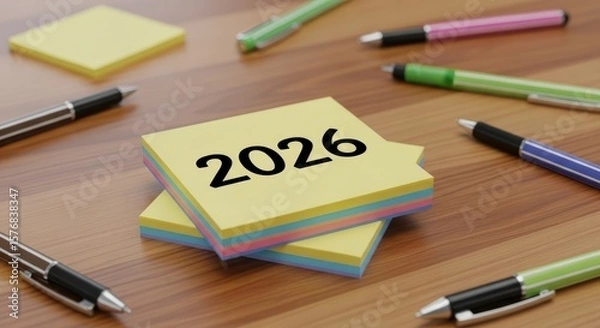Fototapeta Stack of yellow sticky notes with the year 2026 printed on top surrounded by pens