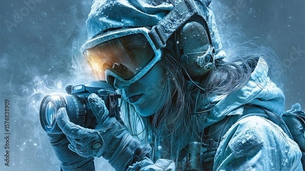 Fototapeta Winter Adventurer with Camera in Snowy Landscape Captured Moment