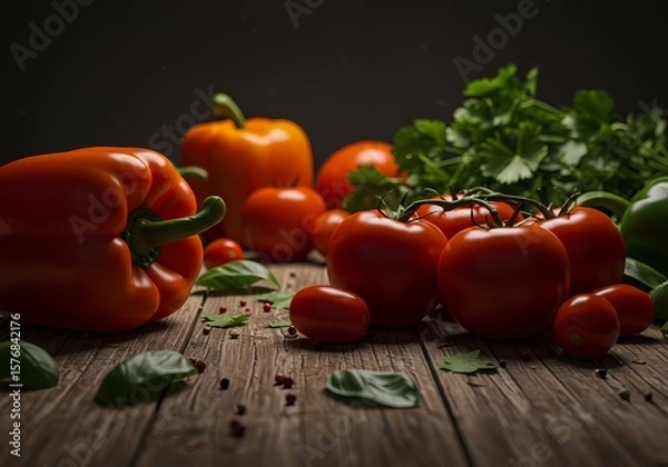 Obraz Freshly Harvested Vegetables: A Vibrant Still Life of Bell Peppers, Tomatoes, and Herbs on Rustic Wood, Showcasing Natural Colors and Culinary Goodness for Healthy Eating and Farm-to-Table Concepts