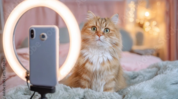 Fototapeta Cat's Glam Shot: A charming feline, bathed in the gentle glow of a ring light, sits poised before a phone camera, capturing a moment of captivating allure.