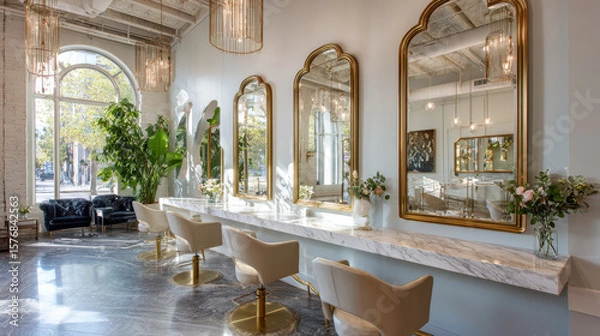 Obraz Elegant Salon Interior: A sophisticated salon, with mirrors, seating, and artistic elements, embodies style and luxury, inviting you into a world of beauty and relaxation.
