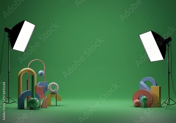 Obraz Geometric shapes studio setup with softbox lighting on a green backdrop, creating a vibrant and modern scene ideal for product displays and creative compositions, showcasing artistic arrangement