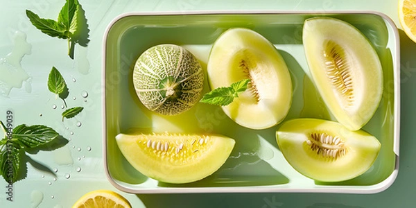 Fototapeta Cantaloupe Melon Slices with Mint Leaves on a Tray

