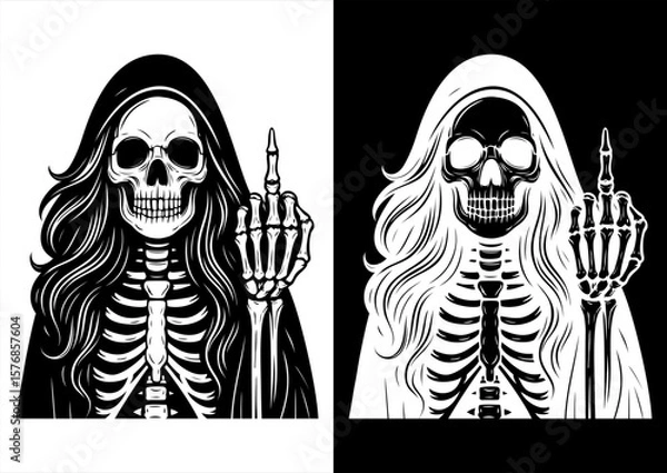 Fototapeta Gothic Skeleton Woman with Middle Finger Gesture Vector Line Art