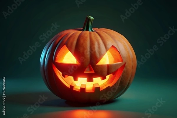 Fototapeta A glowing carved halloween pumpkin with a spooky face illuminated by warm light against a dark background