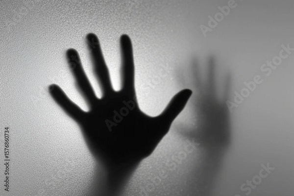 Fototapeta Shadowy hand reaching out from behind frosted glass creating a sense of mystery and intrigue