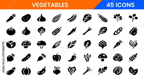 Obraz Vegetables vector icon set. Black and white food pictogram collection.