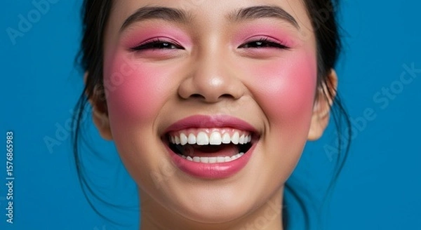 Fototapeta Woman smiling broadly against blue background