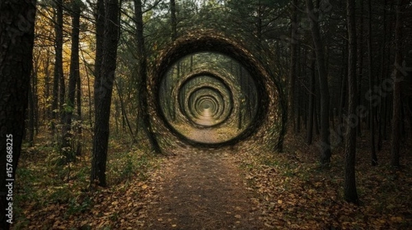 Fototapeta Forest path encircled by rings of fallen leaves.