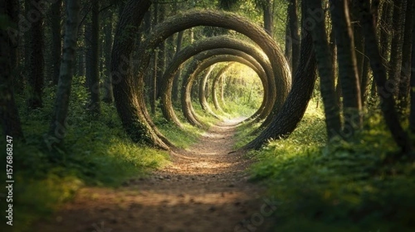 Fototapeta A pathway through a mystical forest with rings of trees.