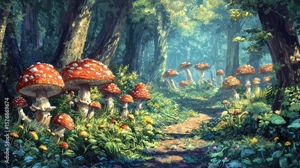 Fototapeta A vibrant, sunlit forest path lined with colorful mushrooms.
