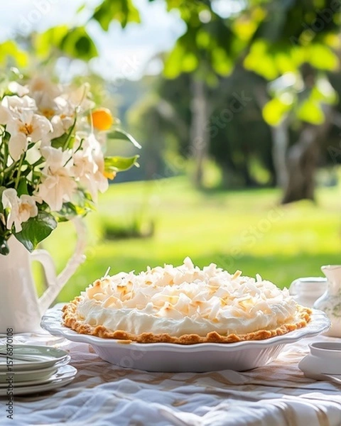 Fototapeta Coconut Cream Pie in a Sunny Garden Setting