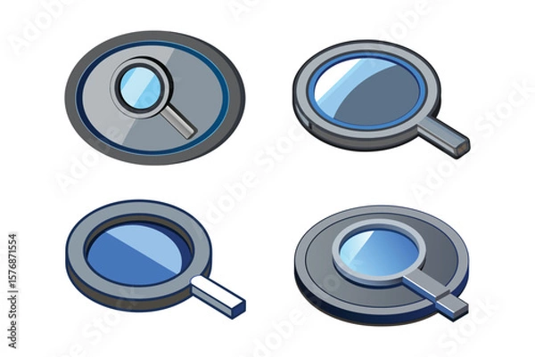 Fototapeta 4 set  3D isometric magnifying glass icon inside a circular badge frame, sleek silver metallic material, glass lens reflections visible eps