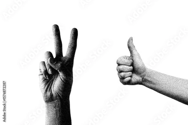 Fototapeta Grainy Victory and Thumbs Up Hand Gestures with Retro Halftone Texture for Pop Art Style Design PNG