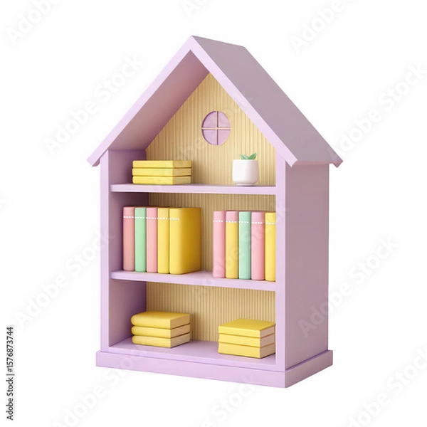 Obraz Cute cartoon house shaped bookshelf with colorful books isolated on transparent background