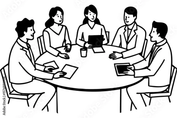 Fototapeta Cartoon Illustration of Five People Sitting Around Round Table Discussing Documents – Teamwork, Communication, and Business Collaboration Concept
