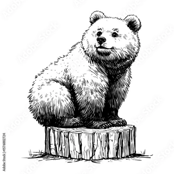 Fototapeta A cute bear cub sitting on a tree stump in a detailed monochrome sketch.