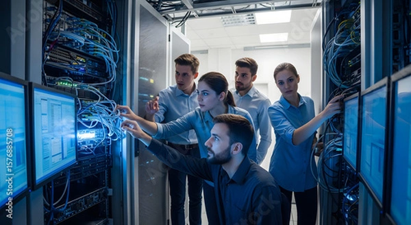 Fototapeta IT Team Inspecting Data Center Server Racks