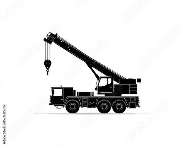 Fototapeta A monochrome illustration of a large, mobile crane with an extended boom, hook, and multiple axles, set against a stark white backdrop