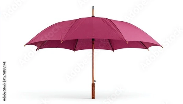 Obraz A deep crimson umbrella with a wooden handle, fully opened against a white backdrop, showcasing its elegant design and sturdy construction
