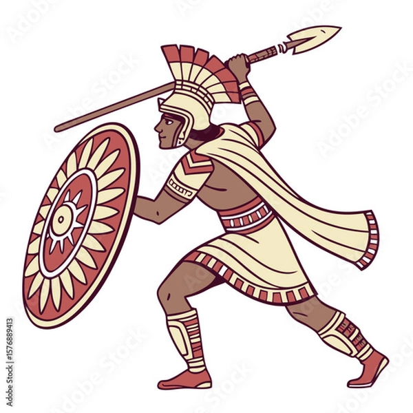 Fototapeta Aztec Warrior in Traditional Costume with Shield Vector Illustration. Perfect for: Día de la Raza, Aztec History Exhibitions, Indigenous Culture Day