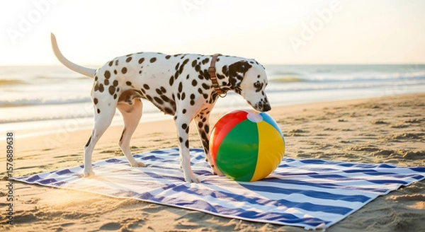 Fototapeta Dalmatian Dog with Beach Ball on Beach