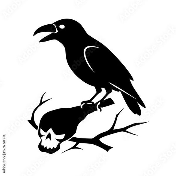 Fototapeta Black bird sitting on a dry branch skull Vector