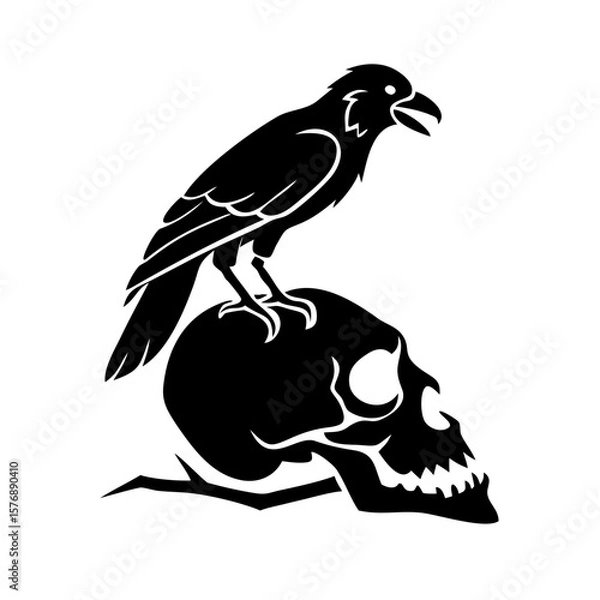 Fototapeta Black bird sitting on a dry branch skull Vector