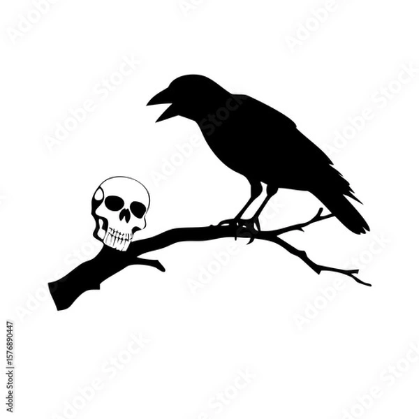 Fototapeta Black bird sitting on a dry branch skull Vector