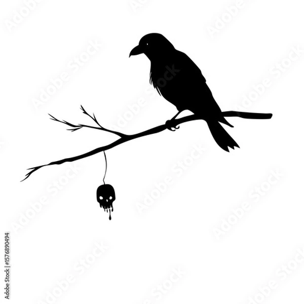 Fototapeta Black bird sitting on a dry branch skull Vector