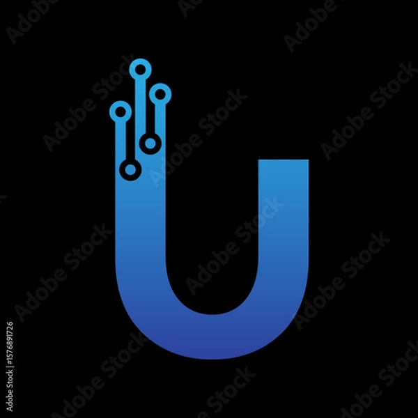Fototapeta Stylized blue letter U features a tech circuit design, ideal for a modern logo or digital brand with innovative technology focus.