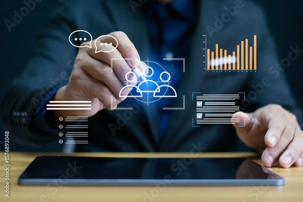 Fototapeta Digital marketing and audience targeting concepts, data analytics, customer engagement insights, online advertising trends, and conversion tracking.