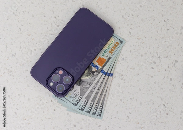 Obraz Modern Smartphone with Hundred Dollar Bills