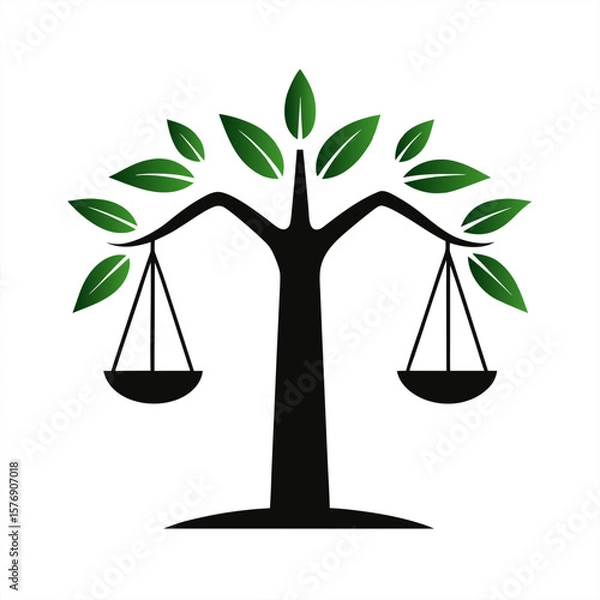 Fototapeta Tree With Balanced Scale Eco Justice Silhouette on transparent background for web and graphic design