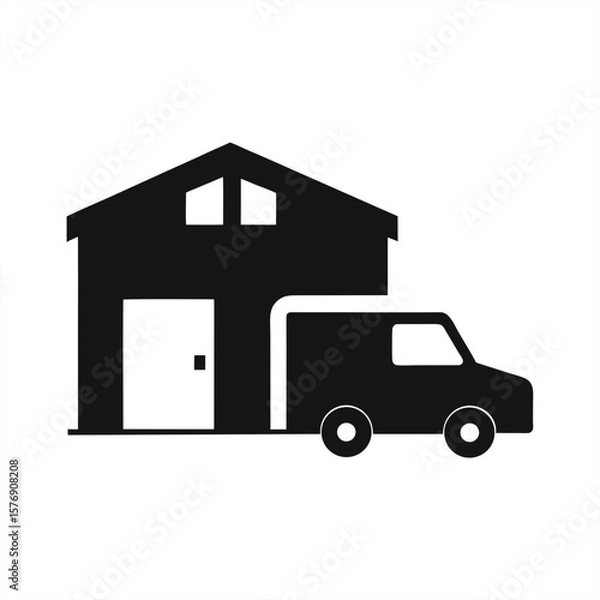 Fototapeta Warehouse With Delivery Van Silhouette on transparent background for web and graphic design