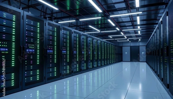 Obraz A secure server room illuminated by moody dark lighting, emphasizing the complexity of a global network system