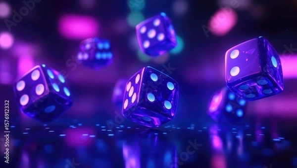 Obraz 3D render of purple dice with blue neon light in a casino background. Close-up view of flying game dice on a dark purple and blue background.