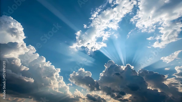 Obraz Blue sky with fluffy clouds and sun rays shining through the clouds nature background wallpaper image